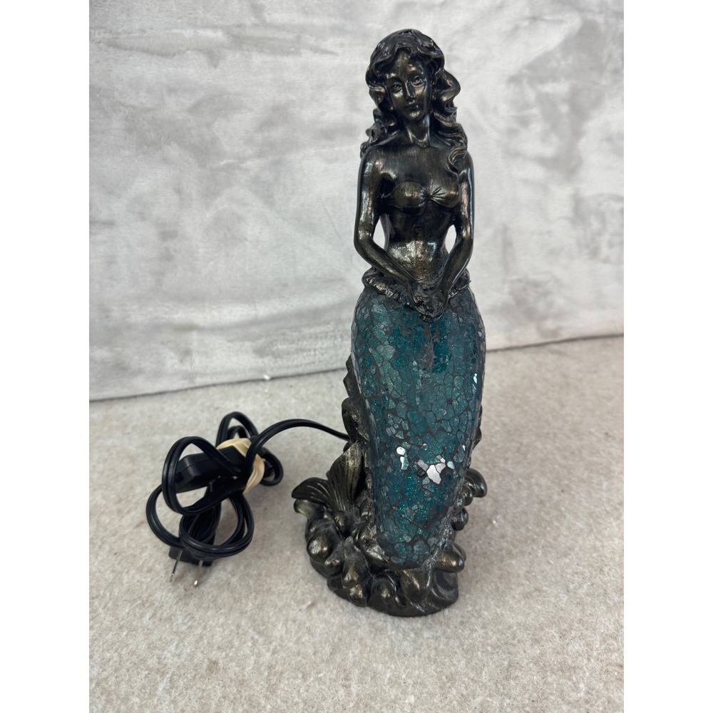 Mermaid Accent Lamp Teal Mosaic Glass Tail Bronze Finish Statue 10.5 Inch